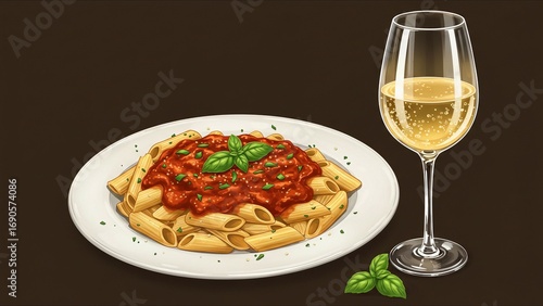 Pasta and Wine on Dark Background