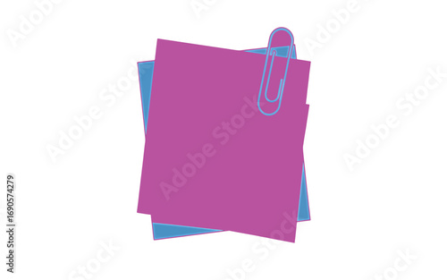 Vector illustration of colorful purple and blue sticky notes held together by a paperclip, isolated on a white background for office or school