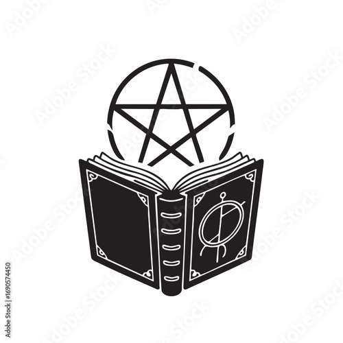 Black open book with pentagram symbol above and occult symbol on cover star