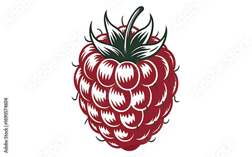 Detailed illustration of a vibrant raspberry with green leaves, showcasing its juicy texture and natural beauty, perfect for healthy eating and summer themes