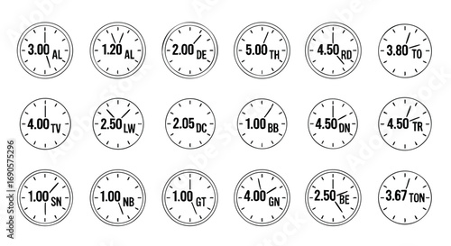Explore global timezone variations with this clock collection showing different times around the world