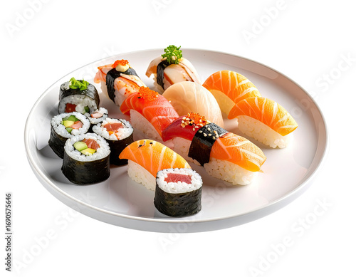 Assorted sushi platter on white plate