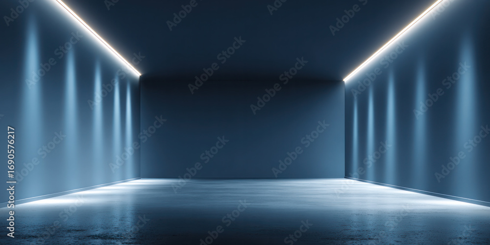 Fototapeta premium A modern minimalist empty room with blue strip lighting on walls and ceiling, featuring a reflective floor.