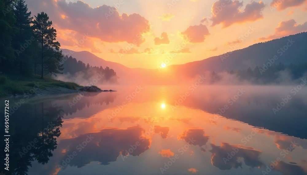 Obraz premium Serene Sunrise over Tranquil Lake Golden Hour Mist Creates Peaceful Spiritual Atmosphere, Perfect for Meditation, Yoga, and Mindfulness
