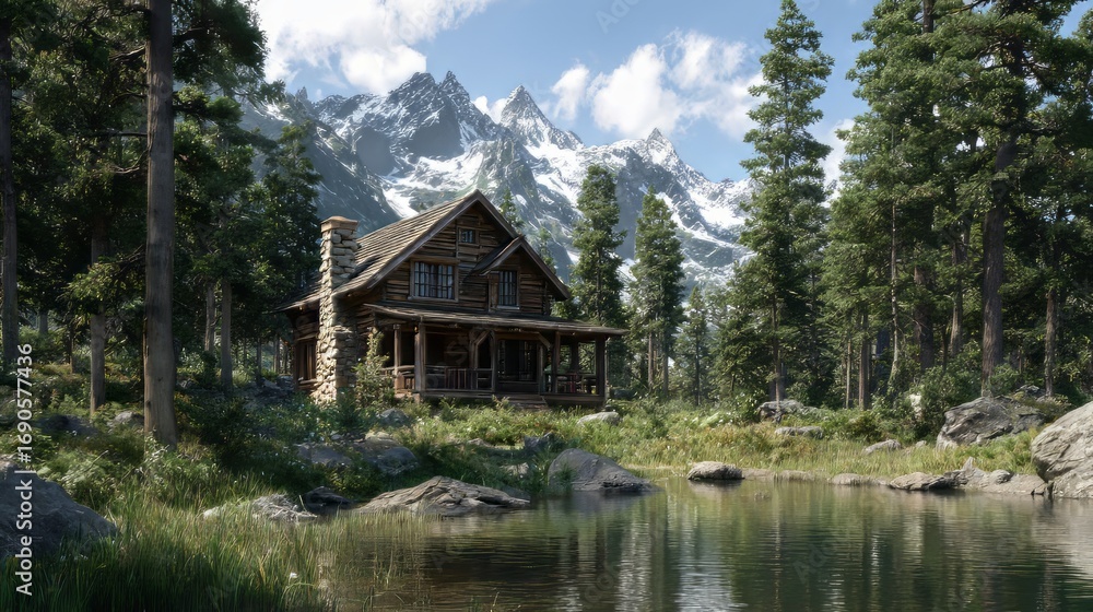 Obraz premium Rustic log cabin nestled in a serene forest with majestic snowcapped mountains in the background