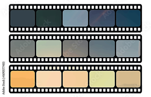 Dynamic color palettes presented on classic film strips, illustrating a spectrum of hues for visual media projects and creative design inspiration