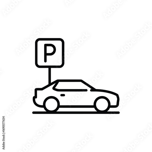 Black outline icon of a car next to a parking sign on a white background automobile