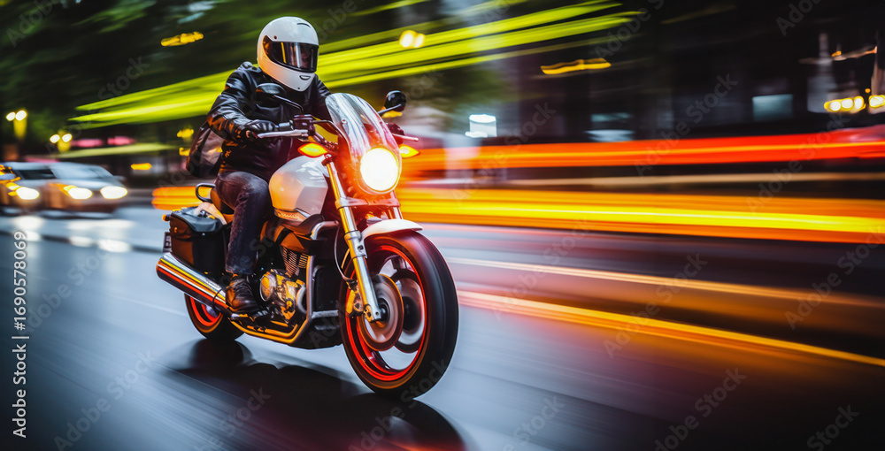 Obraz premium A motorcyclist speeds through the city at night, lights streaking past, capturing the thrill of urban exploration and the freedom of the ride