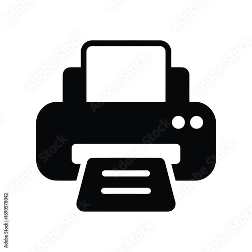 Black printer icon with paper output on white background symbol office