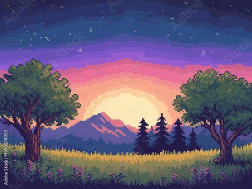 Fototapeta Naklejka Na Ścianę i Meble -  Pixelated sunset scene with trees mountains and a vibrant sky depicting a calm landscape