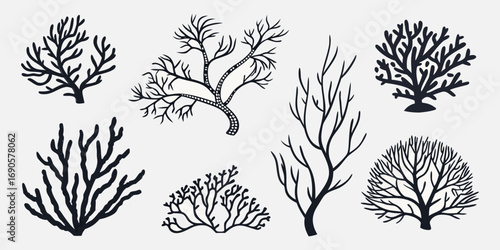 You've uploaded an image that appears to be a collection of coral silhouette illustrations. These silhouettes showcase a wide variety of coral shapes and structures, including branching corals, fan co
