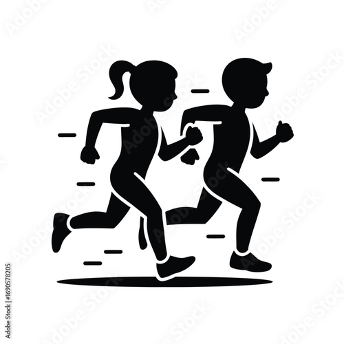 Black silhouette of a boy and girl running with motion lines jogging fitness