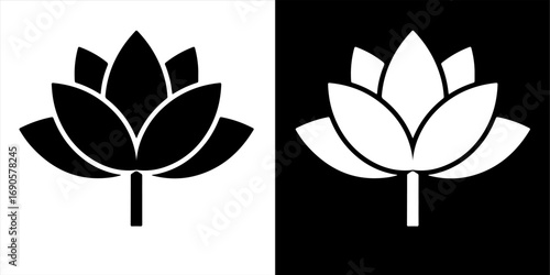Minimal black and white lotus flower illustration. Represents purity, calmness, meditation, spirituality, and balance.