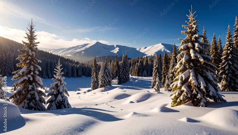 Fototapeta premium Snowy forest with snowdrifts and snow-covered branches