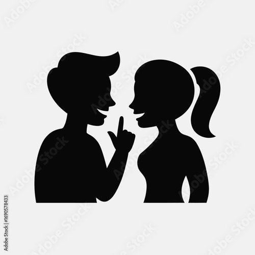Black silhouette of a couple whispering secrets with finger to lips gossip