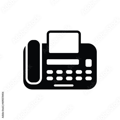 Black silhouette of a fax machine with handset and keypad on white background technology