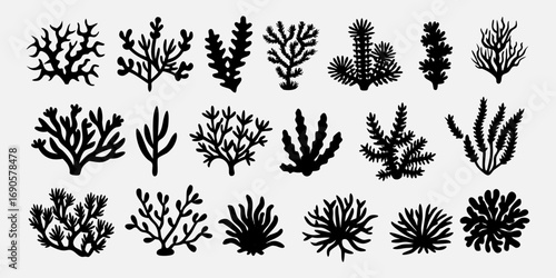 You've uploaded an image that appears to be a collection of coral silhouette illustrations. These silhouettes showcase a wide variety of coral shapes and structures, including branching corals, fan co