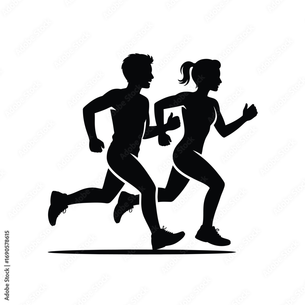 Obraz premium Black silhouette of a man and woman running side by side with thumbs up jogging fitness