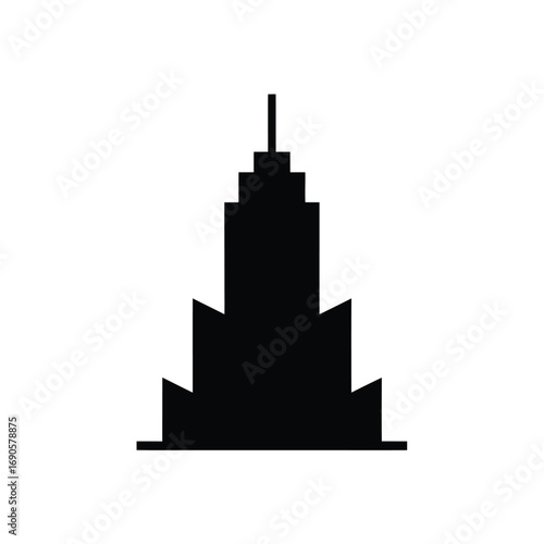 Black silhouette of a tall skyscraper building with stepped setbacks on white architecture