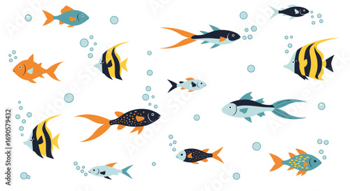 A lively collection of colorful tropical fish swimming amongst bubbles in an aquatic scene