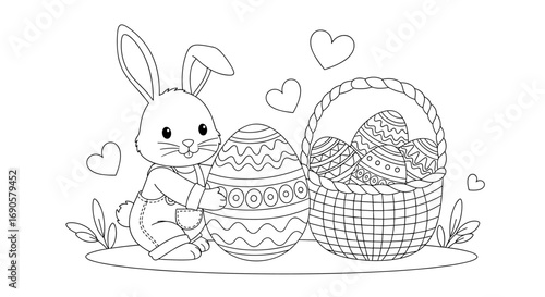 Adorable easter bunny holding a decorated egg beside a basket full of colorful eggs and hearts illustration