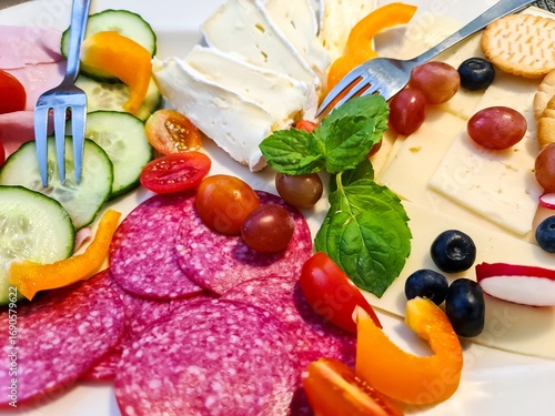 Delicious Charcuterie Board with Various Cheeses, Cured Meats, and Fresh Fruits and Vegetables