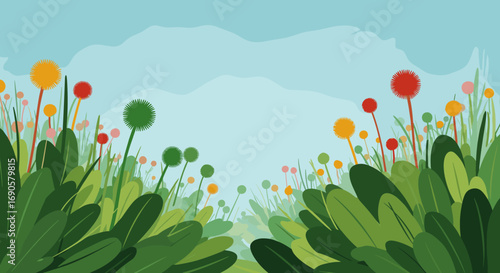 Whimsical meadow with colorful flowers and lush greenery under a bright blue sky