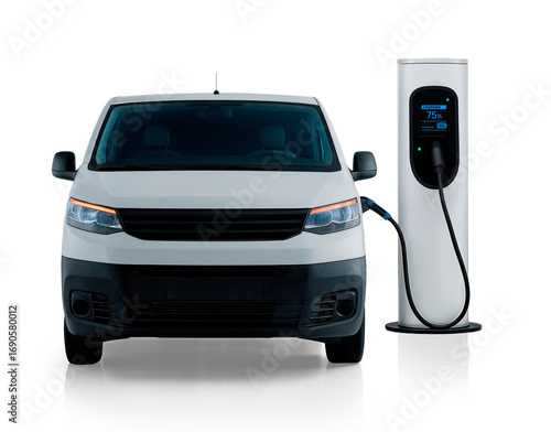 Transparent background image of an electric van charging at a station, with realistic shadow. Perfect for concepts of mobility progress, vehicle efficiency, and sustainable transportation