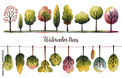 Collection of charming hand-painted watercolor trees in various shapes and autumnal colors perfect for nature-themed designs and seasonal projects