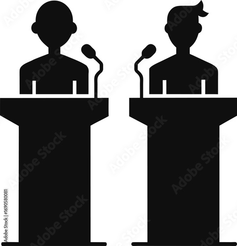 Two opposing political candidates in silhouette debating at podiums with microphones isolated on white background isolated on transparent background