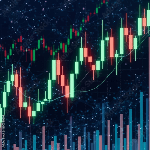 Financial market analysis with candlestick charts, representing stock price fluctuations and trends.