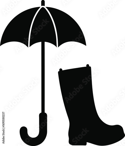 Black silhouette of an open umbrella and a rain boot isolated on white background isolated on transparent background