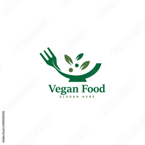 Illustration of a leaf fork logo design for a vegetarian diet, eco-friendly food. A healthy vegan drink spoon and fork icon, a restaurant cafe menu symbol, and a herbal dish recipe.