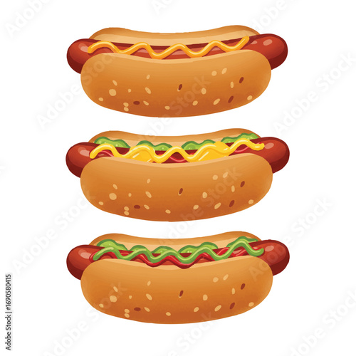 Three hotdogs, each with unique toppings like savory chili, melted cheese, and tangy pickles, are presented side-by-side in a modern 2D flat vector illustration on a crisp white background.