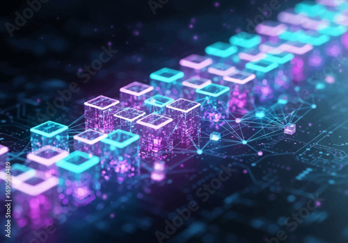 Abstract visualization of digital data processing and network connections with glowing cubes and circuit board patterns.