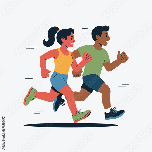 Diverse couple jogging together in colorful athletic wear on white background running