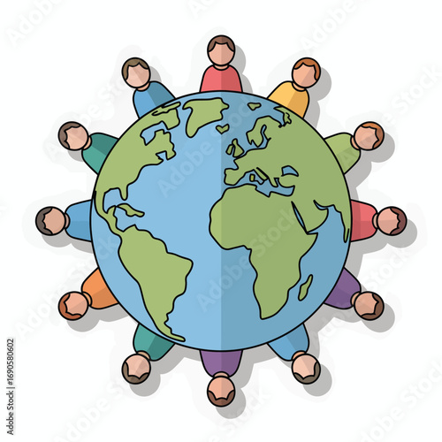 Diverse people sitting around the Earth in a circle on white background world globe