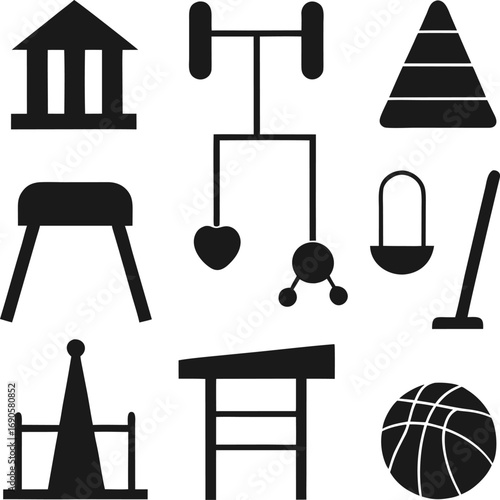 Collection of silhouette icons representing sports and gymnastics equipment on a white background isolated on white background isolated on transparent background