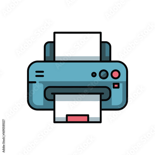 Flat icon of a blue printer with red paper output slot on white background image photo