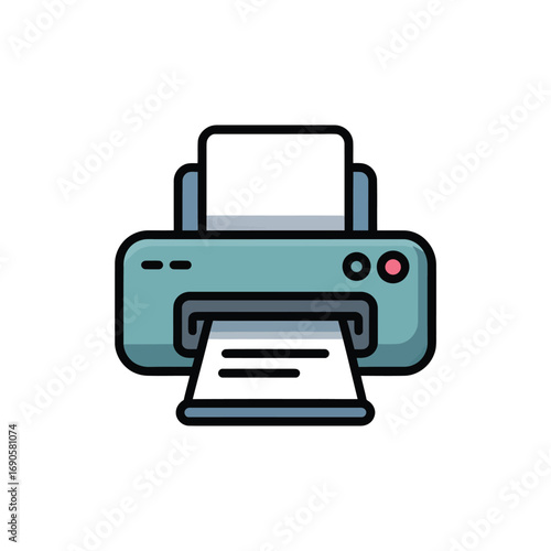 Flat icon of a teal printer with red power button on white background paper