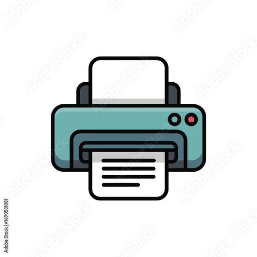 Flat icon of a teal printer with paper coming out on white background image photo