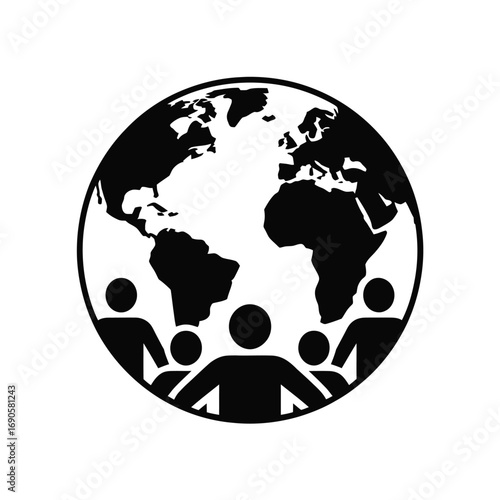 Global community icon with people surrounding a black and white world map earth globe