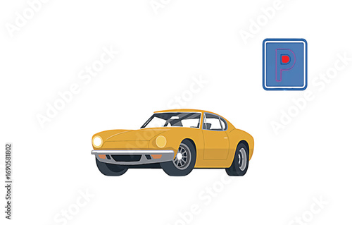 Classic Yellow Sports Car parked next to a blue parking sign with a red 'P' indicating available parking space on a clean white background, automobile illustration