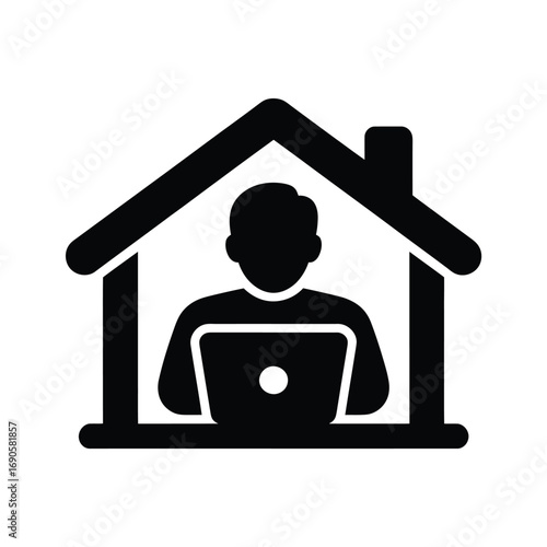 Icon of a person working on a laptop inside a house outline home silhouette