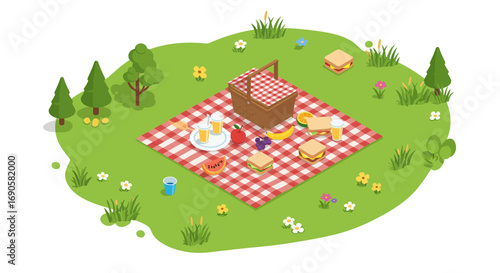 Isometric picnic scene with basket and food on a checkered blanket in a park setting