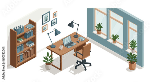 Cozy home office interior with desk, chair, and bookshelves in isometric style