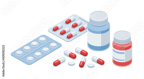 Pharmaceutical isometric composition with bottles and blister packs on white background