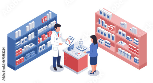 Pharmacist assisting customer in modern pharmacy with isometric design