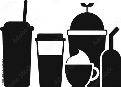 Collection of various beverage cups and containers in a silhouette style isolated on white background isolated on transparent background
