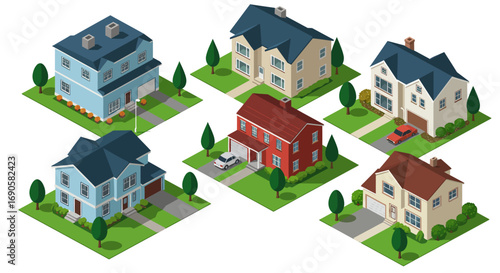 Isometric residential homes set with diverse architectural designs and colors